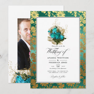 Invitación Verde azulado de cosecha - Boda floral de color tu