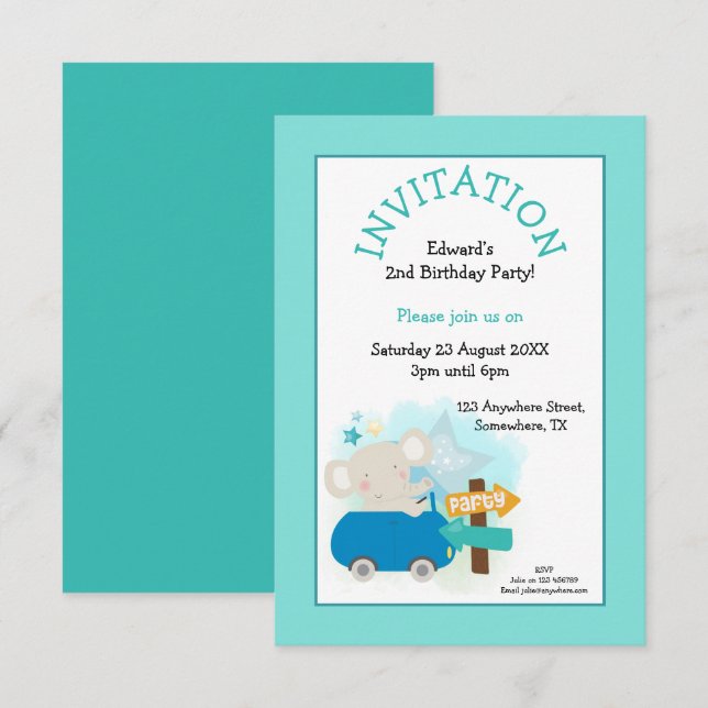 Invitación Verde azulado de fiesta de cumpleaños del elefante (Anverso / Reverso)