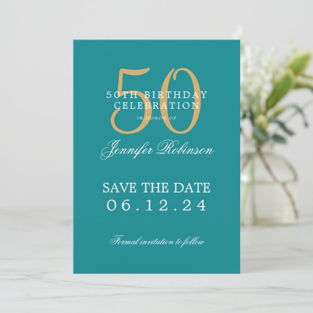 Invitación Verde azulado de oro 50 cumpleaños Salven la fecha (Anverso de pie)