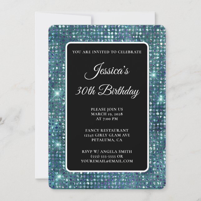 Invitación Verde azulado Diamante Azul Negro y Blanco 30 cump (Anverso)