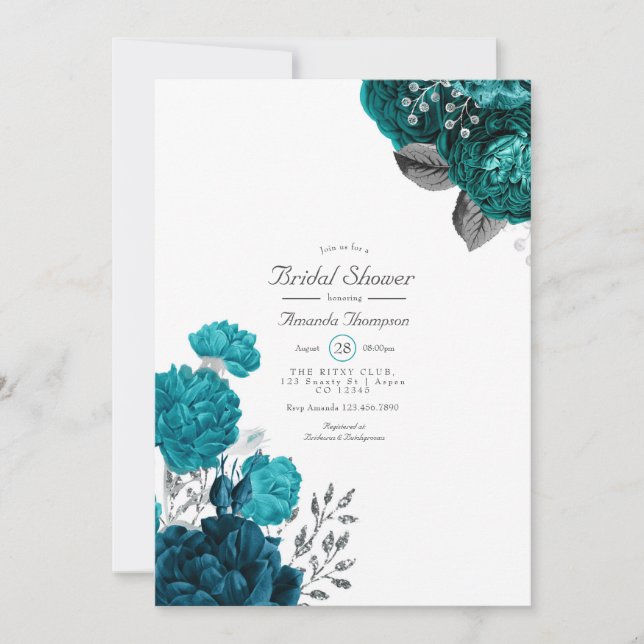 Invitación Verde azulado - Ducha de novia floral turquesa y p (Anverso)