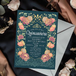 Invitación Verde azulado Encantado Jardín Floral Quinceanera<br><div class="desc">¡Celebra tu Quinceañera en un jardín encantado! Esta invitación se caracteriza por un marco exuberante de flores rosadas y violetas con acentos dorados sobre un fondo verde azulado, añadiendo un toque mágico a tu día especial. Personalízalo para satisfacer tus necesidades. NOTA: El oro que aparece en este producto NO es...</div>