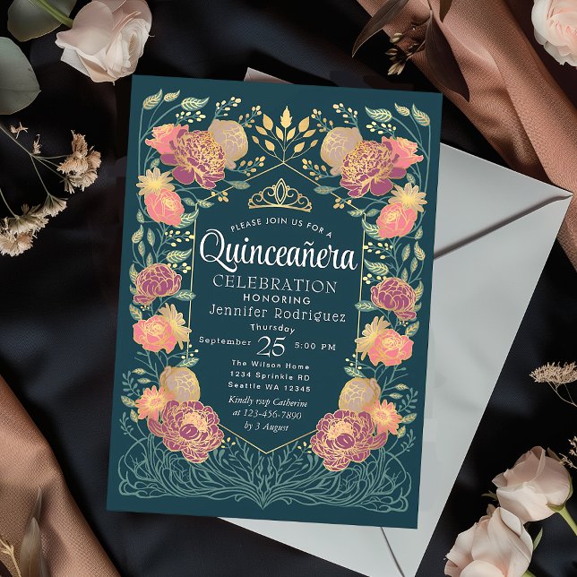 Invitación Verde azulado Encantado Jardín Floral Quinceanera (Subido por el creador)