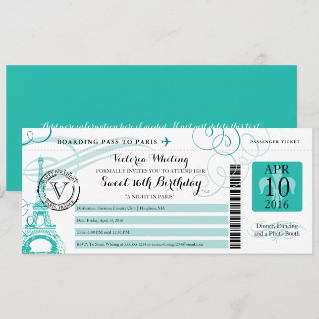 Invitación Verde azulado Feliz cumpleaños a París Francia (Anverso / Reverso)