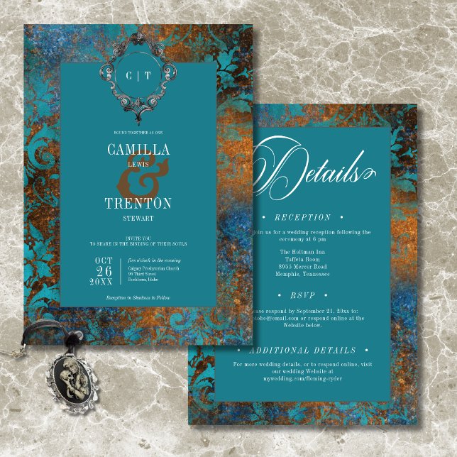 Invitación Verde azulado gótico Damasco de oro  a dos lados B (Gothic Antique Teal Gold Damask Two Sided Wedding Invitation)