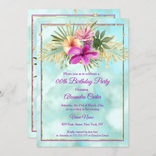 Invitación Verde azulado Hibiscus Purple Pink mármol Birday P