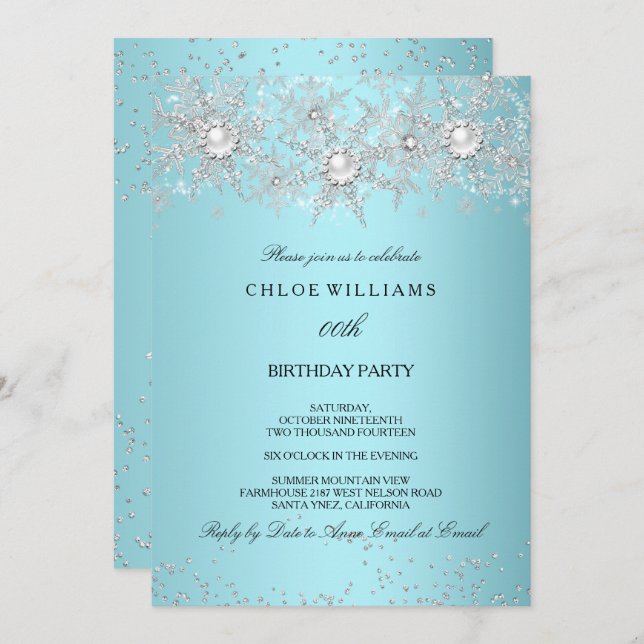 Invitación Verde azulado invierno plateado de perlas de crist (Anverso / Reverso)