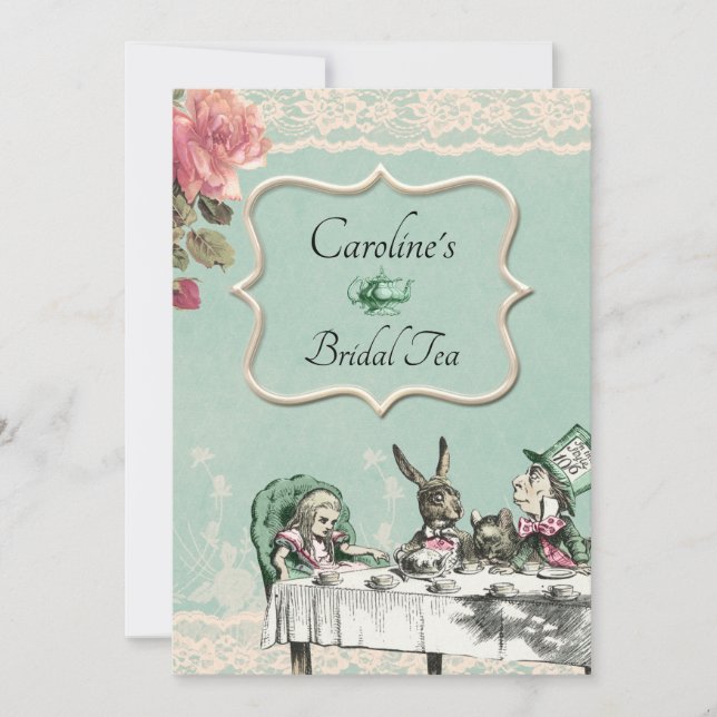 Invitación Verde azulado Lace Alice Wonderland Tea Fiesta Bri (Anverso)