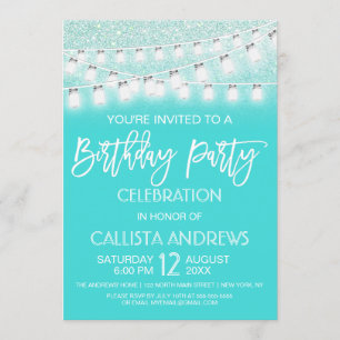 Invitación Verde azulado Mason Jar String Lights Purpurina Cu