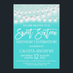 Invitación Verde azulado Mason Jar String Lights Purpurina Sw<br><div class="desc">Esta elegante y sencilla y dulce invitación a la fiesta de 16 años es perfecta para un moderno evento de temática rural. Presenta un tinte blanco brillante colgando luces de cuerda encima de un verde-azul verde azulado brillante y un fondo de gradiente oscuro purpurina verde claro falso impreso en la...</div>