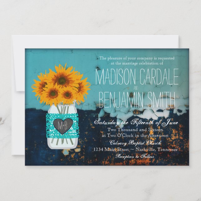 Invitación Verde azulado Mason Jar Sunflowers matrimonio Rúst (Anverso)