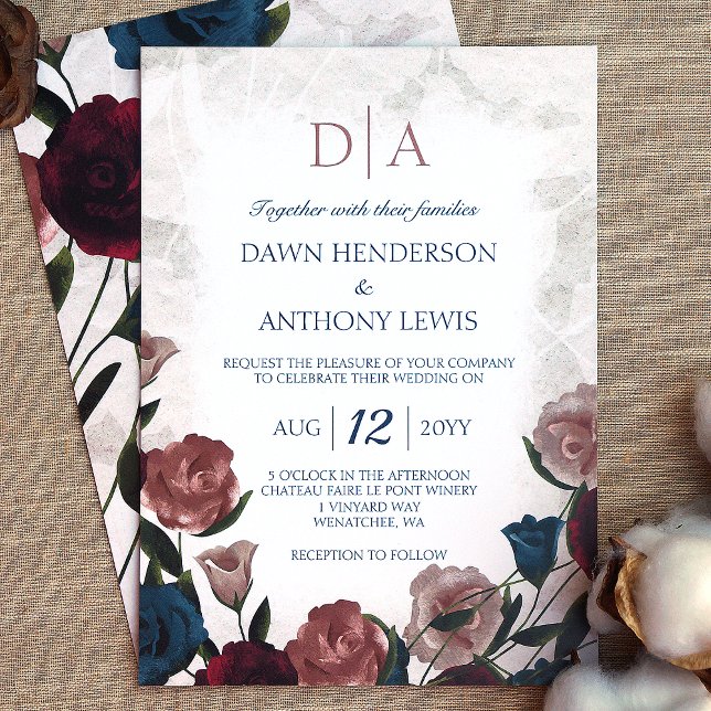 Invitación Verde azulado, Mauve Rubor, Borgoña Rosa Boda Jard (elegant rose bouquet rose garden wedding invitations burgundy, rose pink, teal, beige roses)