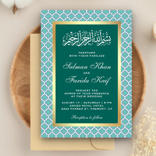 Invitación Verde azulado Modelo marroquí de quatrefoil Boda i