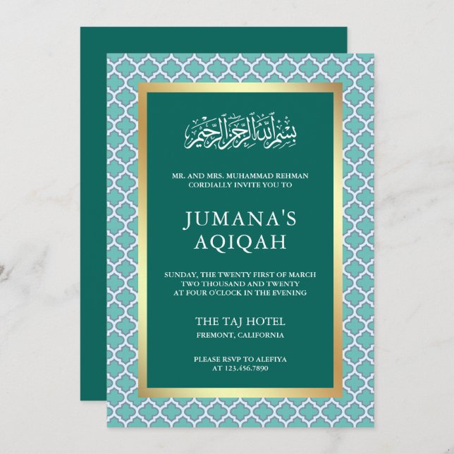 Invitación Verde azulado modelo marroquí de quatrefol Aqiqah  (Anverso / Reverso)