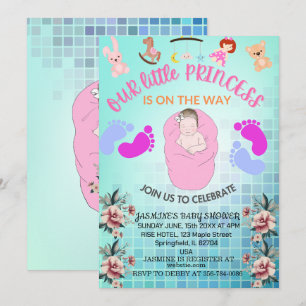 Invitación Verde azulado moderno Boho Floral Princesa Niña Du