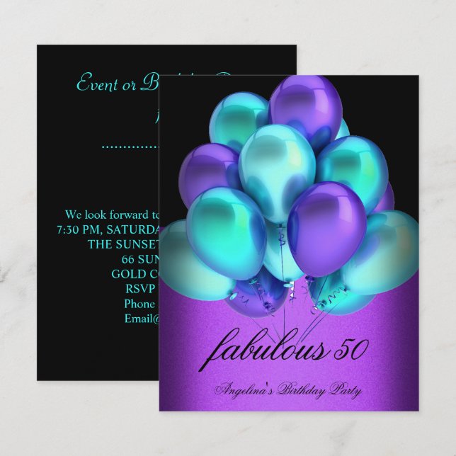 Invitación Verde azulado morado fabuloso Fiesta de globos neg (Anverso / Reverso)