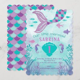 Invitación Verde azulado, morado, Purpurina, sirena, Chica Cu