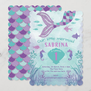 Invitación Verde azulado, morado, Purpurina, sirena, Chica Cu