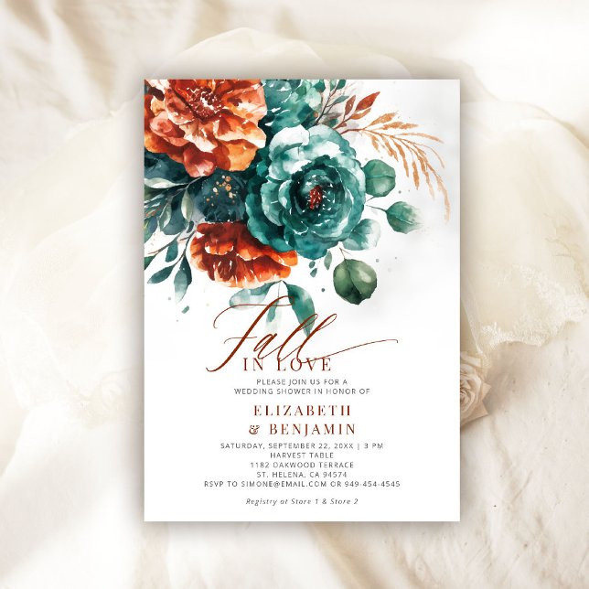 Invitación Verde azulado Naranja Boda  de Novias Fall Love (fall in love wedding shower invitation teal burnt orange terracotta watercolor calligraphy rustic)