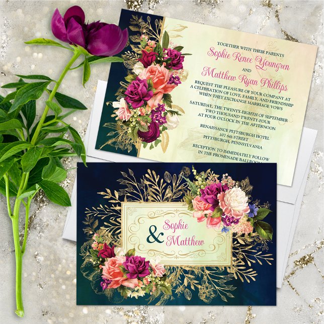 Invitación Verde azulado, naval, verde, oro audaz Boda de Flo (Beautiful Vintage Florals on Deep Teal and Navy Watercolors Wedding Invitation.)