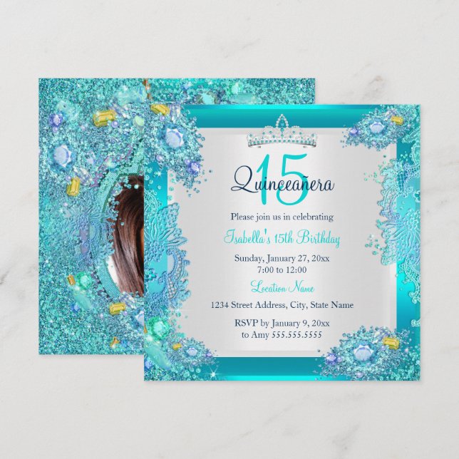 Invitación Verde azulado Océano Azul Quinceanera 15ª foto de  (Anverso / Reverso)