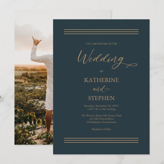 Invitación Verde azulado oscuro moderno |Antiguo Boda Minimal (Anverso / Reverso)