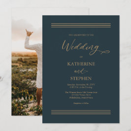 Invitación Verde azulado oscuro moderno |Antiguo Boda Minimal