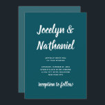Invitación verde azulado oscuro | Script sencillo y moderno<br><div class="desc">Esta sencilla y minimalista invitación a la boda presenta un sólido fondo de color verde azulado oscuro,  con una sombra más clara en la parte trasera y una tipografía moderna y audaz.</div>