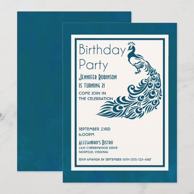 Invitación Verde azulado Peacock l Moda Diseño Elegante Cumpl (Anverso / Reverso)