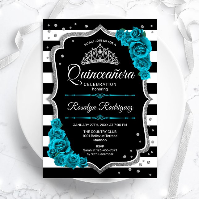 Invitación Verde azulado Plata Negro Elegante Quinceanera (Subido por el creador)