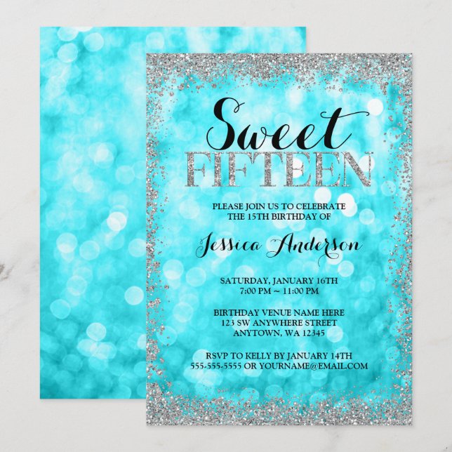 Invitación Verde azulado Purpurina de Faux Plata Encendido 15 (Anverso / Reverso)
