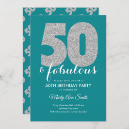 Invitación Verde azulado Purpurina Plata 50 y fabulosa fiesta