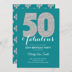 Invitación Verde azulado Purpurina Plata 50 y fabulosa fiesta