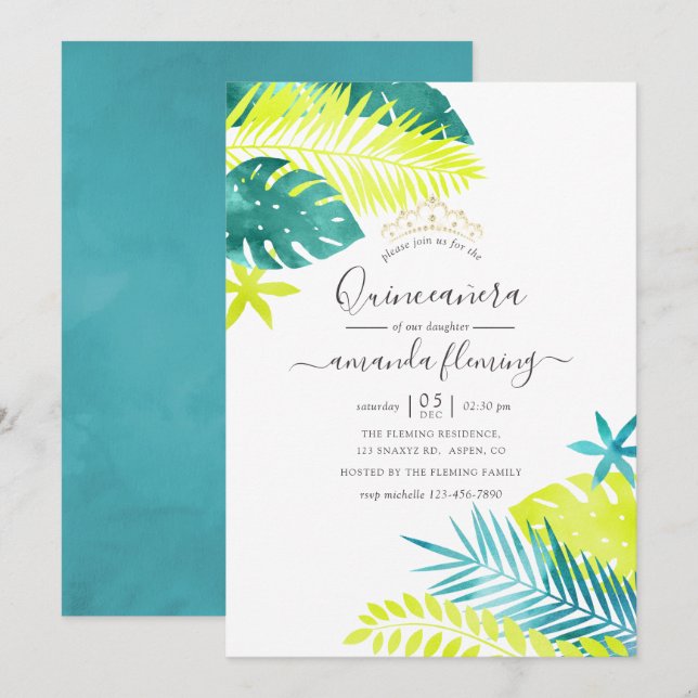 Invitación Verde azulado - Quinceañera tropical turquesa y li (Anverso / Reverso)