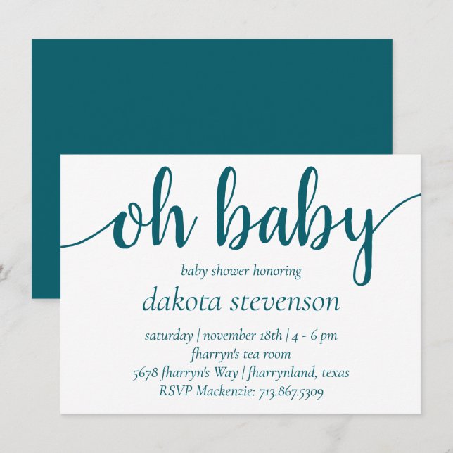 Invitación Verde azulado simple Oh bebé | Guión azul-verde fl (Anverso / Reverso)