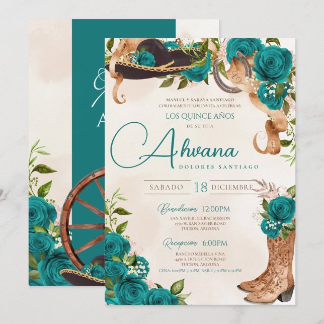 Invitación Verde azulado Turquesa Quinceañera Charro Rosa Occ (Anverso / Reverso)