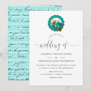 Invitación Verde azulado - Turquesa y Moda de oro Boda de Par