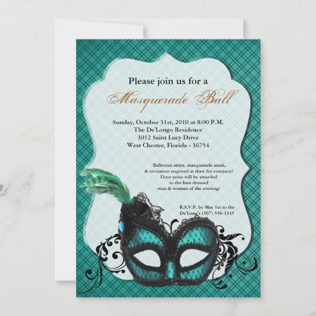 Invitación Verde azulado Turquo Masquerade Mask Ball Costume  (Anverso)