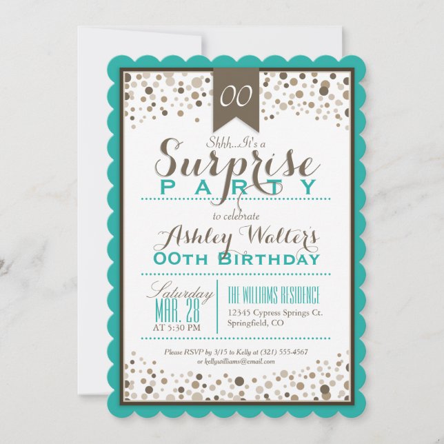 Invitación Verde azulado Verde, Blanco, Taupe Fiesta sorpresa (Anverso)