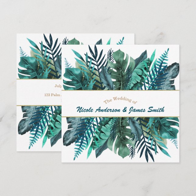 Invitación Verde azulado verde tropical salta elegante Boda b (Anverso / Reverso)