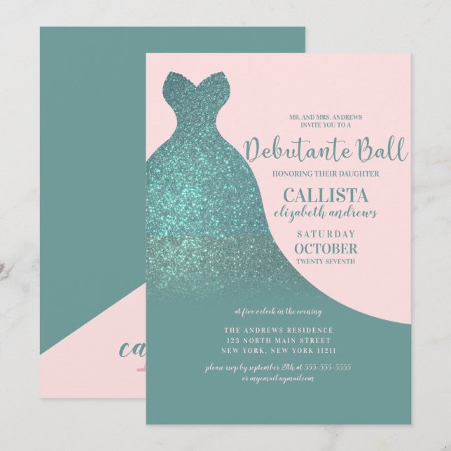 Invitación Verde azulado vestido rosado espárrago Purpurina D (Anverso / Reverso)