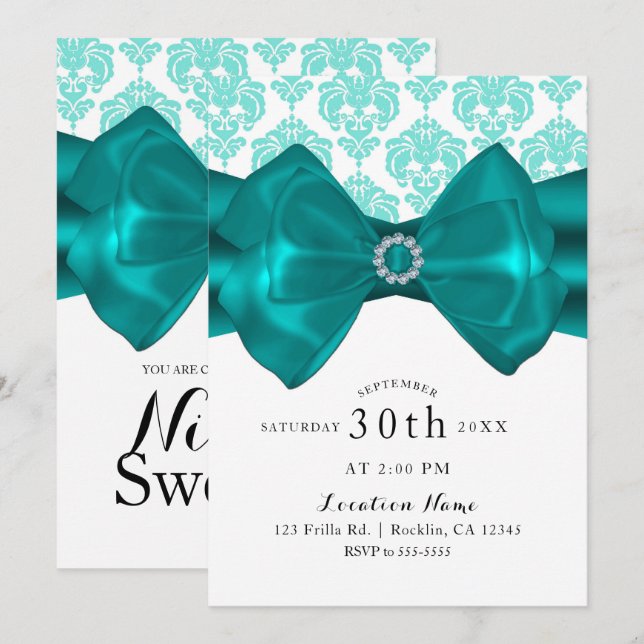 Invitación Verde azulado y blanco Damask Bow Glam Moda Dulce  (Anverso / Reverso)