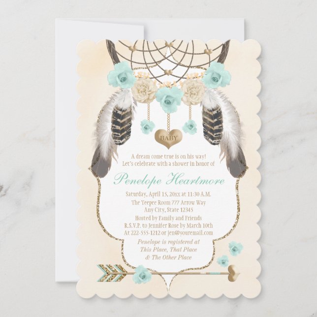 Invitación Verde azulado y dorado Dreamcatcher Boho Baby Boy  (Anverso)