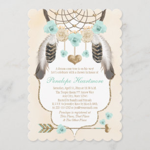 Invitación Verde azulado y dorado Dreamcatcher Boho Baby Boy