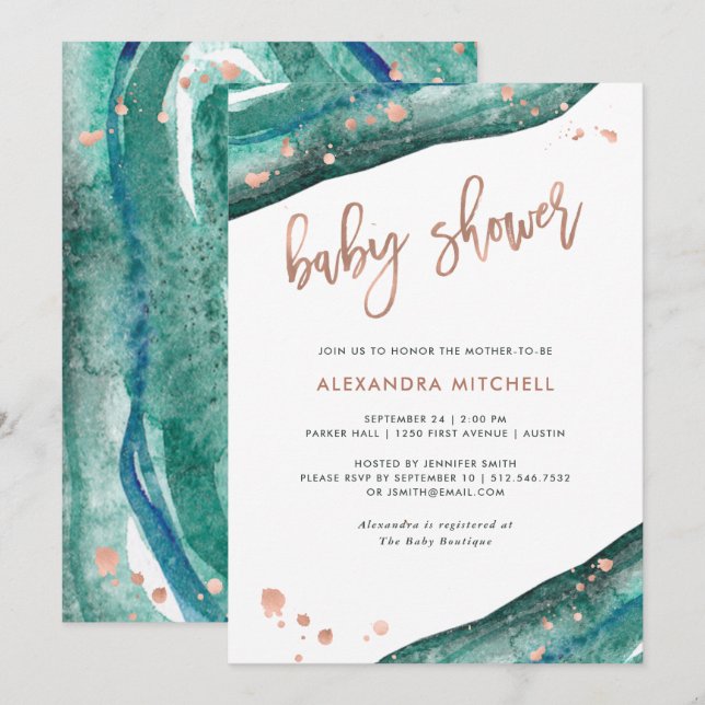 Invitación Verde azulado y falso Rosa Gold Geode Baby Shower (Anverso / Reverso)