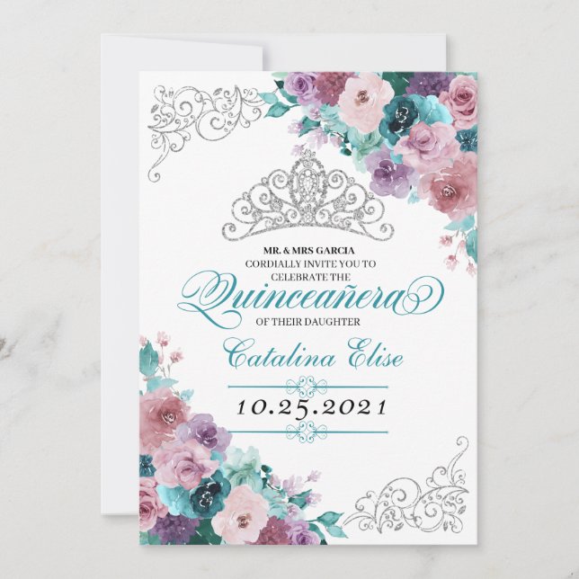 Invitación Verde azulado y Mauve Sunset Tiara Quinceanera (Anverso)