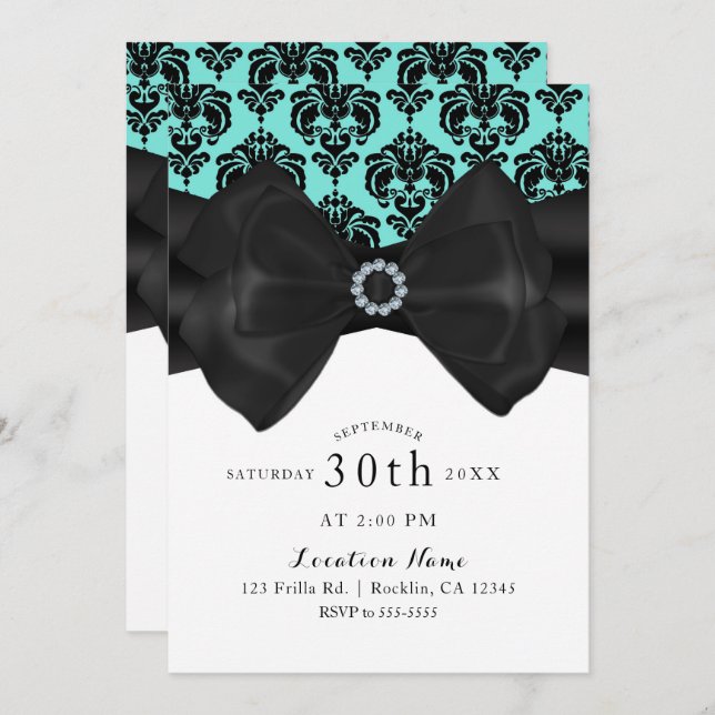 Invitación Verde azulado y negro Damask Bow Glam Moda Sweet 1 (Anverso / Reverso)