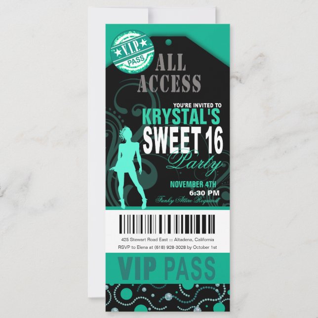 Invitación Verde azulado y negro VIP Sweet 16 Ticket Fiesta (Anverso)