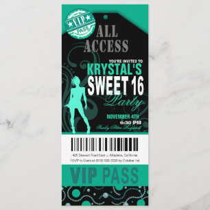 Invitación Verde azulado y negro VIP Sweet 16 Ticket Fiesta