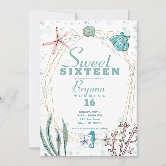 Invitación Verde azulado y rosa bajo el mar dulce caprichoso  (Anverso)